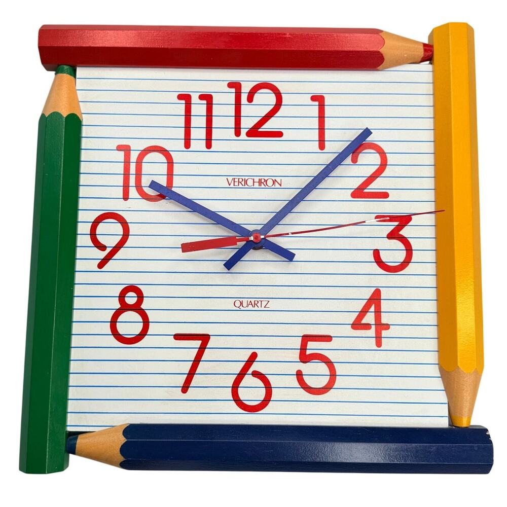 Vintage 1980s Verichron Pencil Wall Clock WORKING Retro Teacher Classroom Decor